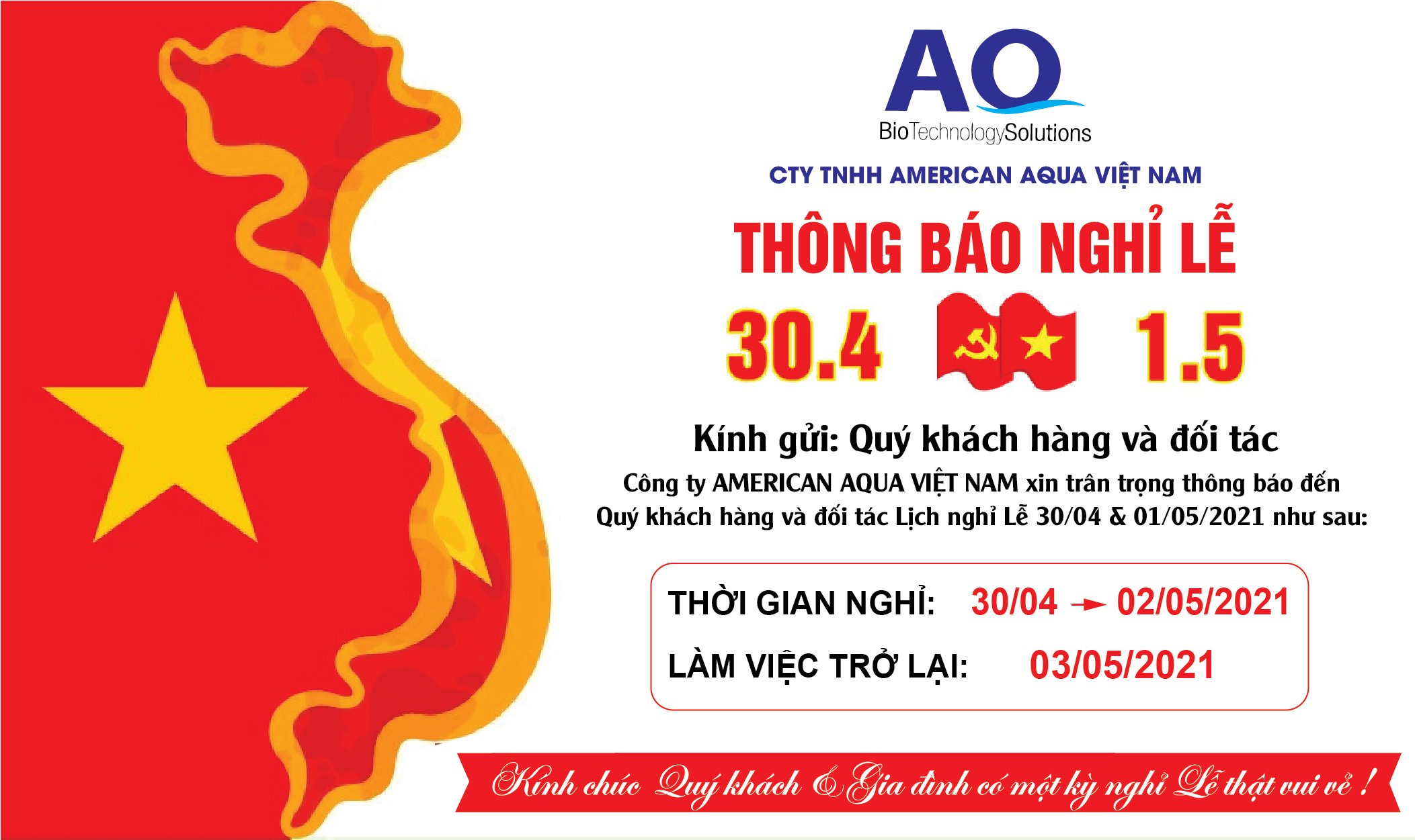 THÔNG BÁO NGHỈ LỄ 30/4 VÀ 1/5